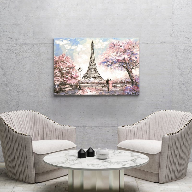 Visual Art Decor Pink Paris Canvas Wall Art Romance Couple Pink Blossoming Eiffel Tower Picture Canvas Prints Wall Art iving Room Bedroom Decoration - Image 4
